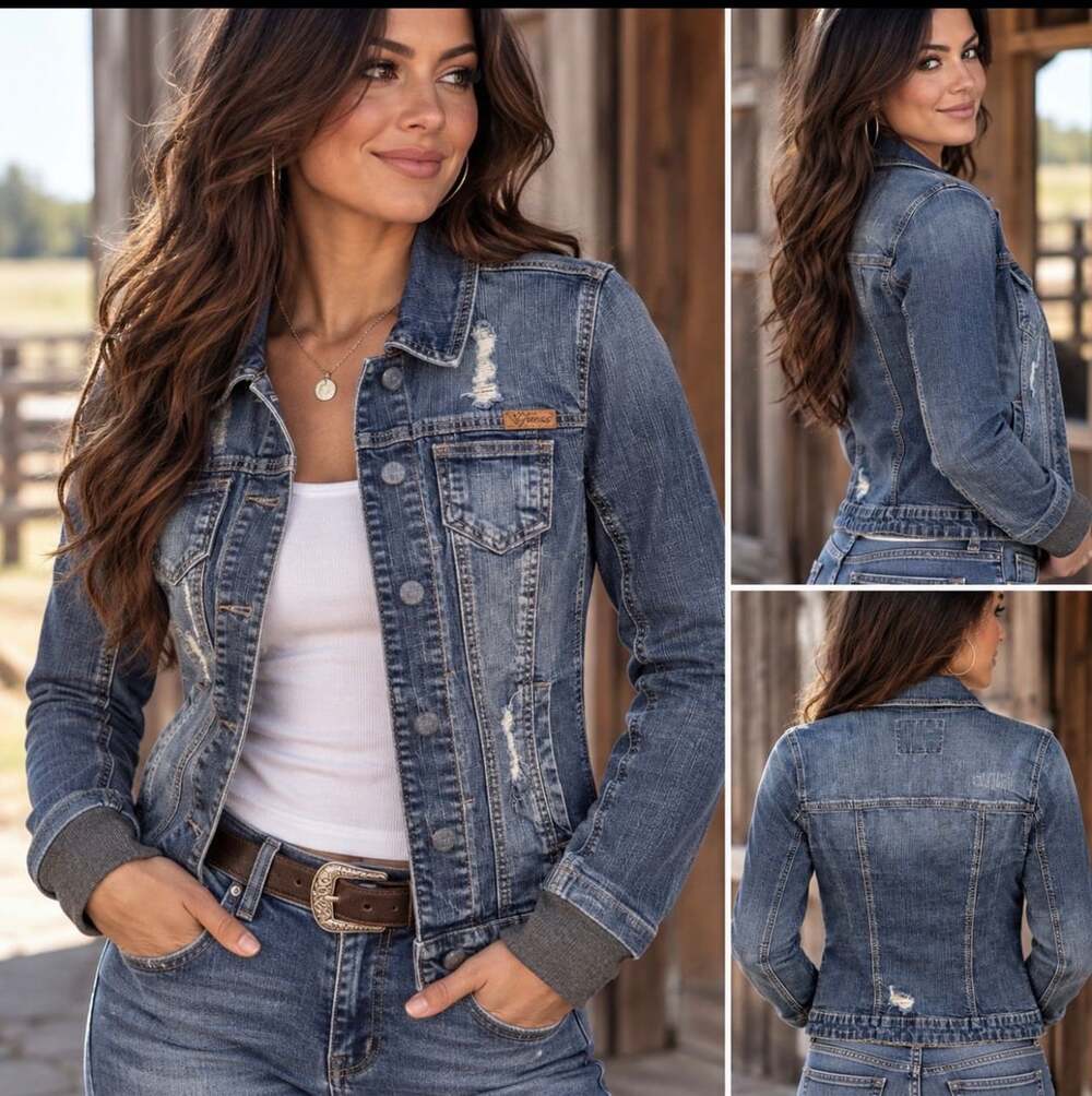 Guess Women’s M Denim Jacket Distressed Blue Jean Knit Cuff Trucker Western Y2K